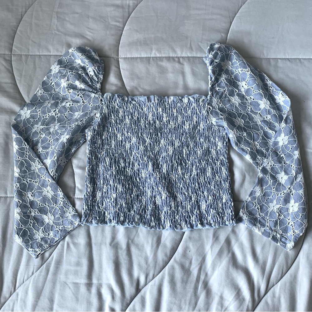 small light blue lettuce trim blouse with 3/4 sleeves